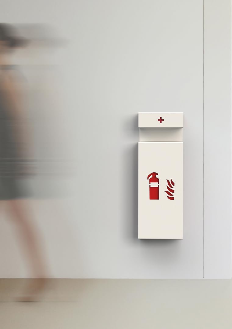 Feuerlöscher Abdeckung Weiß mit Verbandskastenhalterung aus Stahl Fire & Care – Moderne Erste-Hilfe- & Brandschutzlösung