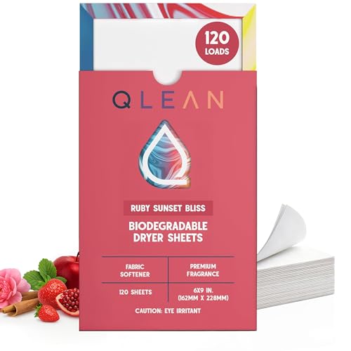 QLEAN Dryer Sheets | Natural Fabric Softener & Removes Static Cling | Vegan Laundry Softener | Soft, Fresh Laundry, Perfect for Clothes and Beddings - 120 Loads (Ruby Sunset Bliss)