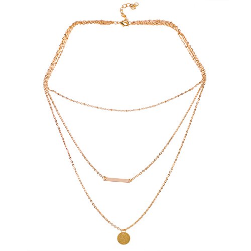 Set Of 3 Golden Necklaces Including One With 3 Chains, Triangle, Bar And Medallion Pendants, One With Loop And Bar Pendant And With 3 Layered Chains, Tube And Medallion Pendants By Vaga #TOP2