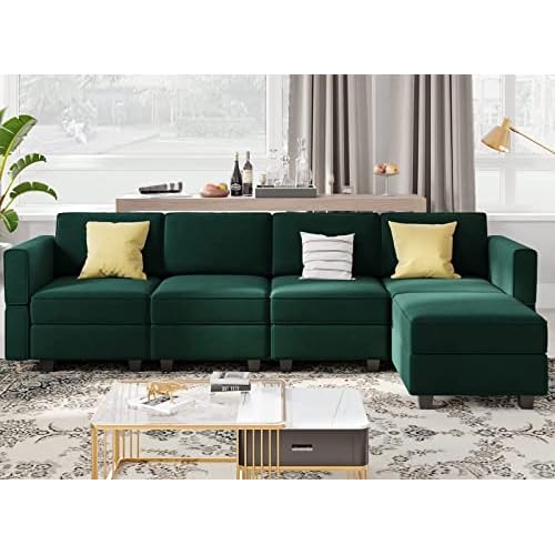 Belffin Modular Sectional Sofa Couch with Reversible Chaise - Velvet L Shaped Couch with Storage, 4-seat Convertible Green.… Green L Shape Sofa
