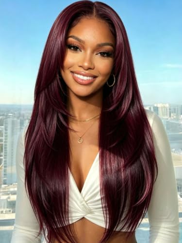 Image of KLAIYI Black Cherry Layered Straight 7x5 Pre Cut Lace Front Wigs Human Hair Bye Bye Knots Glueless Ready to Wear Go Wig Pre Plucked Pre Bleached Dark Burgundy Wine Red Beginner Wig 180% Density 26Inch