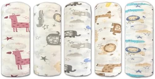 Trance Home Linen Super Ultra Soft 100% Cotton Baby Wrapper|New Born Swaddling Soft Cotton Sheets|New Born Baby Essential Swaddle Cloth|Baby Wrap Set (100X100 Cm, Animals, Pack Of 5), White| TC - 200