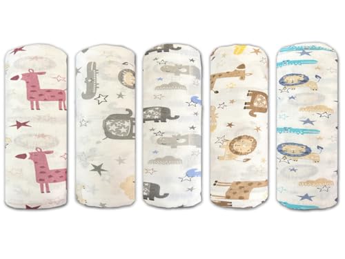 Trance Home Linen Super Ultra Soft 100% Cotton Baby Wrapper|New Born Swaddling Soft Cotton Sheets|New Born Baby Essential Swaddle Cloth|Baby Wrap Set (100X100 Cm, Animals, Pack Of 5), White| TC - 200