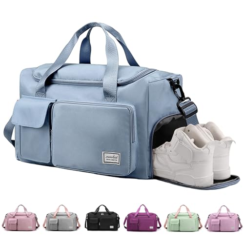 Travel Duffel Bag for Women Men, Sports Gym Bag with Shoes Compartment, Waterproof Travel Overnight Bag with Dry Wet Separated Pocket, Carry Luggage Bag for Weekender, Sports, Gym, Travel (Blue)