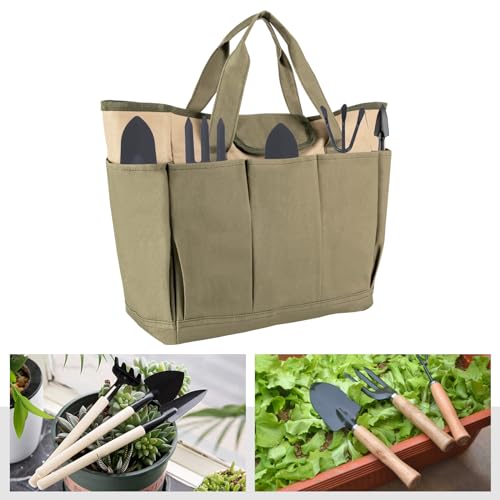 DOONARCES 7.9 Gal Gardening Tote Bag Heavy Duty Garden Tool Bucket Bag with Pockets&Handle, Tool Organizer Bag Oxford Cloth Tool Storage Tote for Gardener (Green+Khaki)