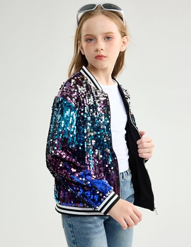 Image of LOLANTA Girls Sequin Jacket, Long Sleeve Kids Bomber Coats with Pockets, Spring Fall Outfits for 4-15 Years
