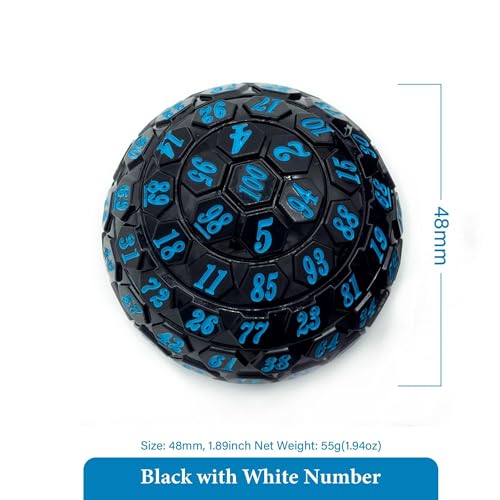Poludie 100 Sided Polyhedral Dice, Single D100 Game Dice, 100 Sided Cube with Black Pouch, D100 die 48 mm (Black with Blue Number)