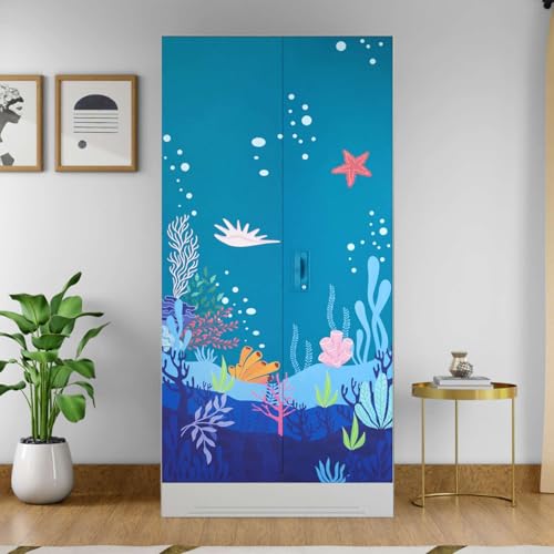 Image of Interio by Godrej Wardrobe Slimline 2 Door Steel Almirah (Digital Printed Teal Blue and Royal Ivory) Wardrobe for Clothes, 1 Year Warranty, 4 Shelves