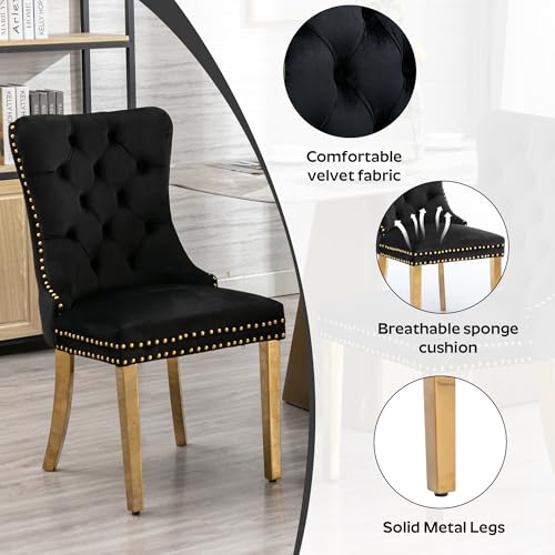 Image of 5-Piece Dining Table Set with 47In Tempered Glass Table and 4 Velvet Upholstered Chairs, Modern Scandinavian Furniture for Dining Room Kitchen(Black&Gold)