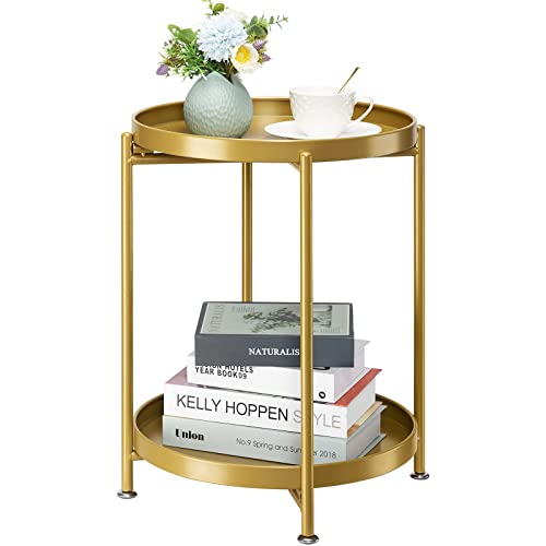 Danpinera 2-Tier End Table, Outdoor Side Table Metal Round Side Table With Removable Tray, Small Folding Accent Table, Anti-Rust Nightstand For Bedroom Balcony Patio Living Room (Gold) #TOP28