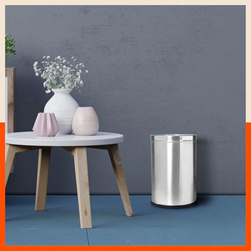 Image of Bathla Stainless Steel Open Dustbin for Home, Office & Kitchen - 8 Litres | Open Top Garbage Bin for Dry Waste, Paper & Recycling | Durable, Rust-Resistant & Space-Saving Trash Can