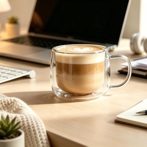 CNGLASS 8.5oz Double Walled Glass Coffee Mugs with Handle,Clear Espresso Cups for Latte,Cappuccino,Tea Bag,Set of 4 - image 8