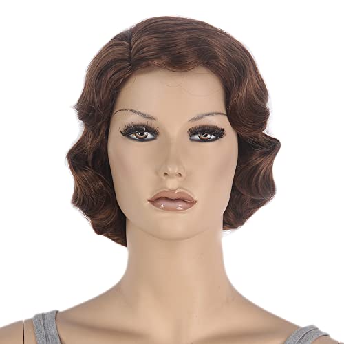 REEWES Short 1920s Finger Wave Curly Wig - Vintage Synthetic Full Wig for Women - Cosplay Costume Fancy Dress Flapper (Ash Brown) - Image 2