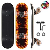Feuer-Skateboards mit bunten blinkenden Rädern für Anfänger, Kinder, Jugendliche, Erwachsene, 80,9 x 20,3 cm, komplettes Standard-Skateboard, 9-lagiges kanadisches Ahorn-Deck, konkaves Skateboard…
