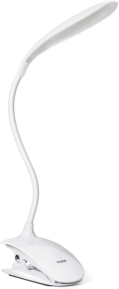 iCKER Desk Lamp with16 LEDs, Clip on Reading Light for Books in Bed, 3 Levels Brightness, USB Rechargeable, 360°Flexible Gooseneck, Adapter Included