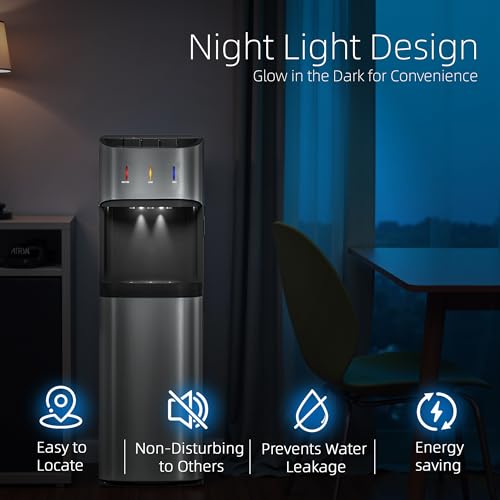 Image of Manastin Bottom Loading Water Cooler Dispenser for 3-5 Gallon Bottles, 3 Temperature - Hot, Cold & Room Water with Child Lock, Ideal Design for Home & Office, Satin Silver