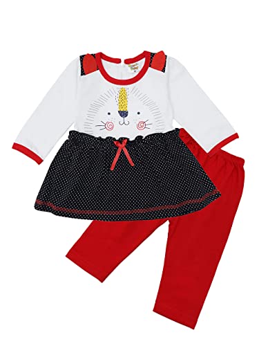 Image of Premium Baby Girls Full Sleeves Frock with Pant Baby Girl's Cotton Frock with Leggings, Frill Happy Bunny- Pack of 1