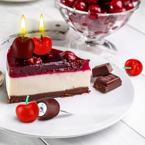 Image of Conelist 15 Pcs Cherry Shaped Birthday Cake Toppers Decor, Red, Burgundy | Cute Fruit Shaped Candles Mini Cherry Cake Decorations Party Favors Soy Wax Cupcake Toppers for Wedding Dessert Table Gifts
