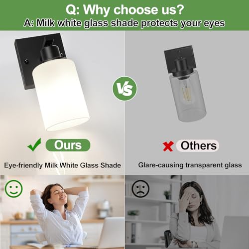 Image of MOKATNG Set of 2 Wall Sconces for Bathroom,Black Modern Vanity Lights with White Glass Shade,Bathroom Wall Lamp for Mirror Kitchen Living Room Hallway Cabinet Porch