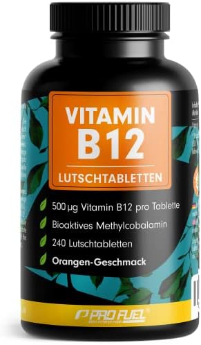 Vitamin B12 Lutschtabletten 240x ORANGE, 500µg aktives Methylcobalamin B12 pro Tablette, leckerer Geschmack, vegan & hochdosiert, B12 Tabletten zum Lutschen, ohne Zuckerzusatz, mit