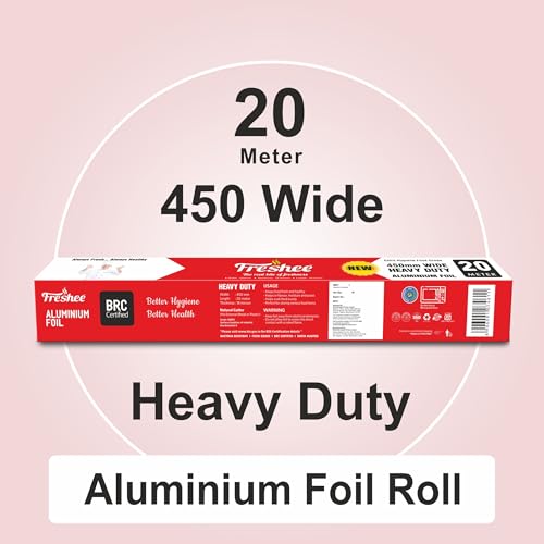 Image of Freshee 20m Heavy Duty Aluminium Foil Roll 45cm Extra Wide Silver 18 Micron Thick, Food Wrapping Paper roll, Kitchen, Disposablel for Food Delivery, Keeps Food Fresh & Hot for Long