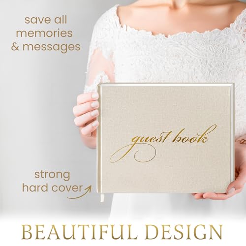 Image of Premium Wedding Guest Book with 200 Stickers - Elegant Linen Guest Sign in Book for Wedding Reception, Polaroid Photo Corners & Table Sign, Keepsake Memory Book