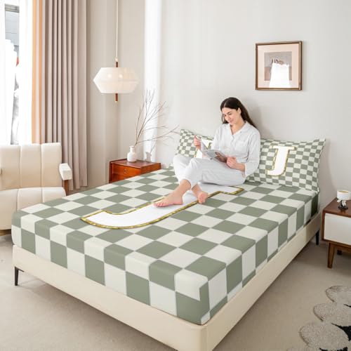 Image of Erosebridal Sage Green Checkered Bedding Set Queen Plaid Initial J Bed Sheets Personalized Monogram Sheet Set Kids Boys Girls,Fashion Grids Gingham Fitted Top Sheets 4 Piece