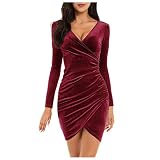 Huttam Robe Femme Soiree Cocktail Courte Automne Robe Moulante Femme Sexy Manche Longue Cache Coeur Froncée Col V Robe Clubbing Femme Pas Cher Robe de Bal Fete (Bordeaux, M)