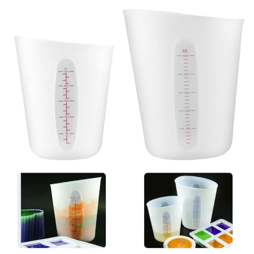 エポキシ樹脂用計量カップ 2枚セット スクリーン印刷計量カップ 250ml+500ml 調色パレット レジン カップ レジン液混ぜるカップ ソフトタイプ シリコン素材 柔らかい 再利用可能 エポキシ樹脂 2液性 大容量コップ シリコンカラーミキシングカップ