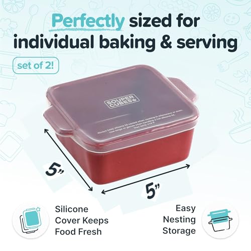 Image of Souper Cubes Ceramic Baking Dishes 2.0-5 inch x 5 inch Baking Dishes with Silicone Lids, Individual Baking Dishes for Oven, Microwave, Oven and Air Fryer Safe, USA Made, Set of 2 - Cranberry