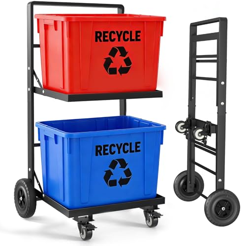 2-Tier Foldable Recycle Bin Cart, Heavy Duty Trash Can Dolly with All-Terrain Wheels & Lockable Casters, 140LBS Capacity Garbage Bin Trolley for Kitchen, Garage, Office, Courtyard