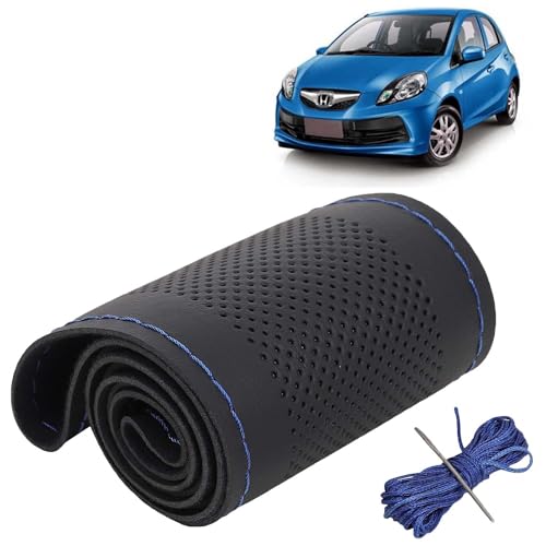 Image of KINGSWAY PU Leatherite Car Steering Cover Sewable Compatible with Honda Brio (Year 2011-2019), Black Color with Blue Thread, Pack of 1 with Sewing Needle and Thread