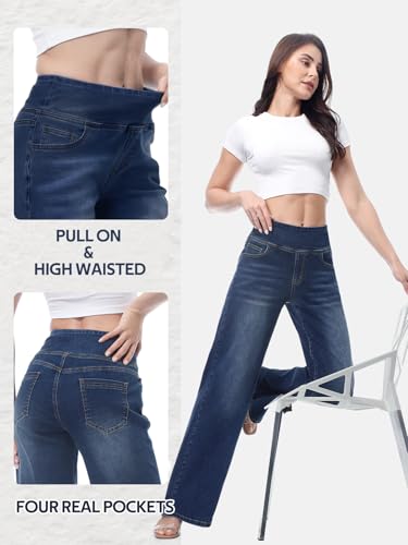 Pull on Wide Leg Jeans for Women, High Waisted Stretchy Baggy Trendy Tummy Control Straight Leg Jeans Denim Pants4