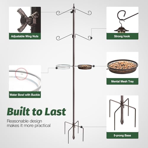 Bird Feeding Station Kit, 81 Inch, 4-Hook, Metal Birds Feeder Stand Pole with Bird Bath and Mesh Tray, Freestanding 5-Prong Base - Image 3