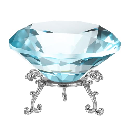 Presse-papiers en cristal diamant 80mm bleu lac avec son support en métal argenté PATIKIL