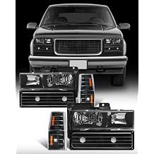 Fit 94 95 96 97 98 Sierra Headlight Assembly compatible with 1994-1998 GMC C10/Sierra/Suburban/Yukon w/Bumper Headlights with Corner Black Housing Amber Reflector Headlamp Replacement PairW/O Bulbs