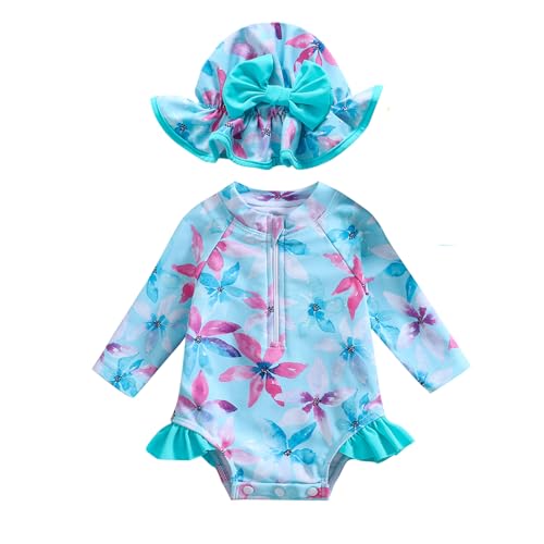 Image of Aimaopao Baby Girls Swimsuit Long Sleeve Zipper Bathing Suit One Piece Swimwear with Hat