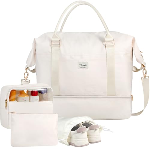 Voova Weekender Bags for Women, Large Travel Duffle Bag for Personal Item Travel with Shoes Compartment, Carry On Overnight Bag with Toiletry Bags 4 Pack Set for Men, Gym, Hospital, Yoga (Beige)