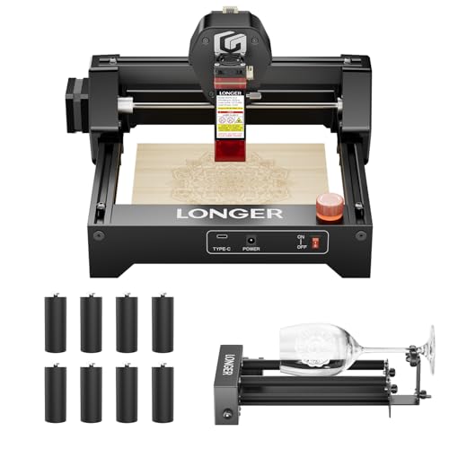 LONGER Ray5 mini 2.5W Laser Engraver with Rotary Roller, 12000mm/min High-Speed Cutter for Wood, Metal, Acrylic, Leather, DIY CNC, 130x140mm Engraving Area, WiFi, Emergency Stop Safety