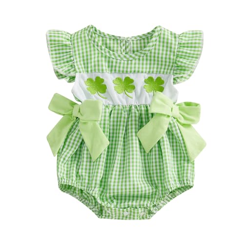 Image of Fourth Of July Baby Girl Outfit Infant Bow Stars Smocked Romper Newborn USA Bodysuit Toddler 4th Of July Clothes