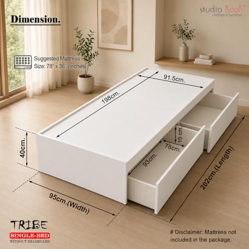 Image of Studio Kook Tribe Engineered Wood Single Bed with Drawers (Finish Color - Moonshine White, Matte Finish)