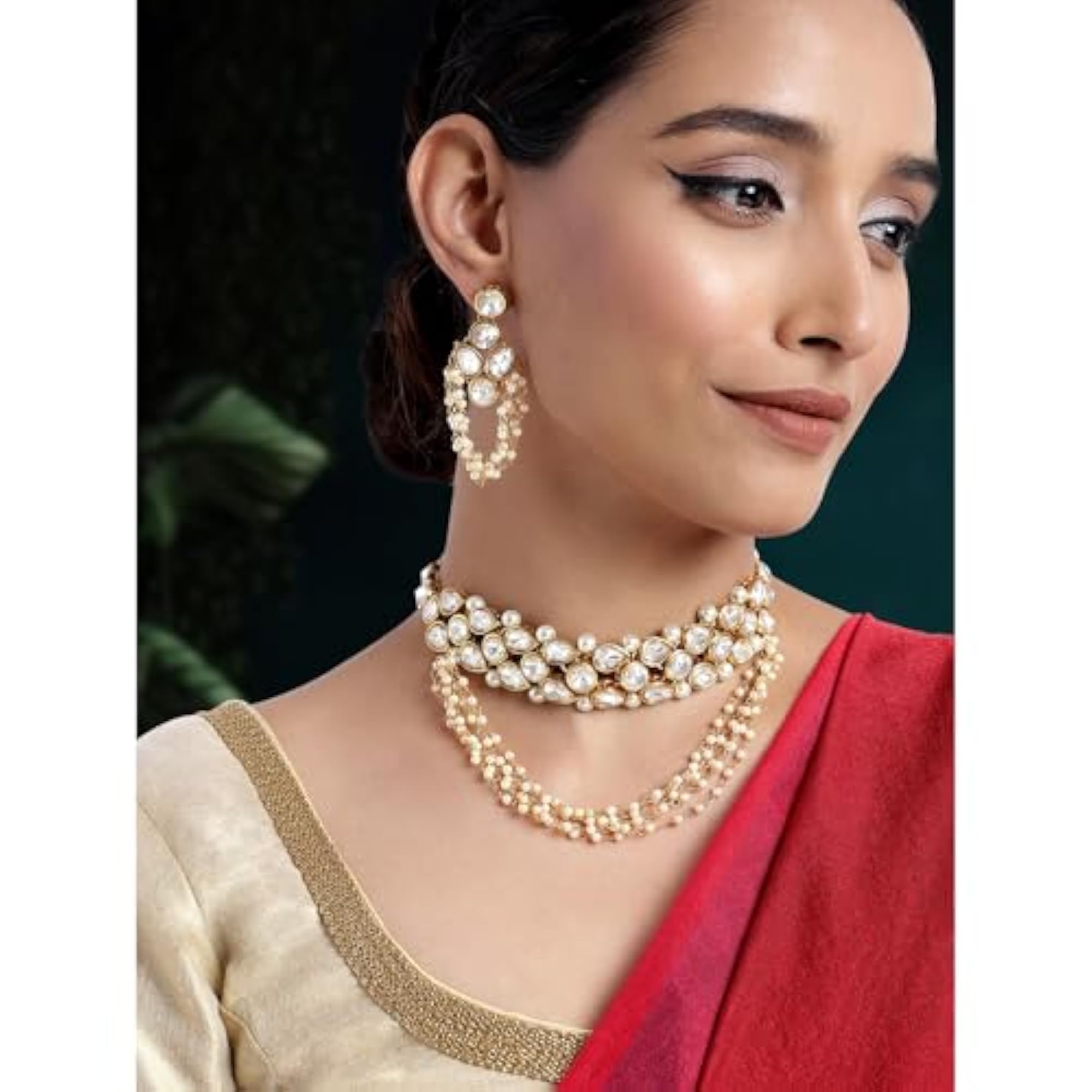 Women's Crystal & Beads Studded 2 Layer Necklace Earrings Set