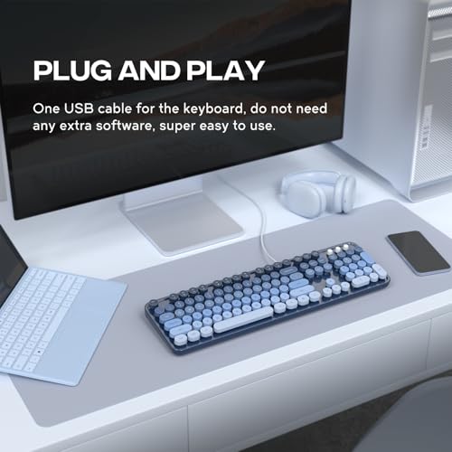 Image of MOFII Computer Keyboard Wired,Round Key Retro Typewriter Keyboard Full Size | USB Plug and Play, for Laptop, PC, Desktop, Windows (Sea Blue Gradient Color)