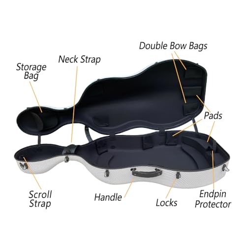 Vetimobato Carbon Fiber Cello Case 4/4 Full Size - Heavy-Duty Hard Shell with Bow Storage & Accessory Pockets | Fits Full Size Cello Protection for Musical Instrument Cases (White)