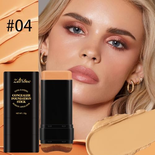 ZAIDOC Concealer Foundation Stick, 2-in-1 Long-Lasting Foundation and Concealer with Brush, Creamy Full Coverage for Dark Circles & Blemishes, Hydrating Olive & Camellia, 2.09 Oz (04#)