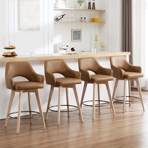 Image of Zesthouse Swivel Bar Stools Set of 4, Wooden Counter Height Barstools with Arms & Open Back, Upholstered Brown PU Leather Counter Stools with Distressed Solid Wood Legs, High Chair for Kitchen Island