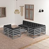 8-TLG. Garten-Lounge-Set aus massivem Kiefernholz, Grau, mit anthrazitfarbenen Kissen, modulare Outdoor-Sitzgruppe für Terrasse & Balkon