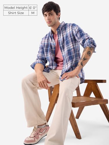 Image of The Souled Store Plaid: Blue, Pink, White Men and Boys Long Sleeve Collared Neck Button Front Relaxed Fit Cotton Shirts
