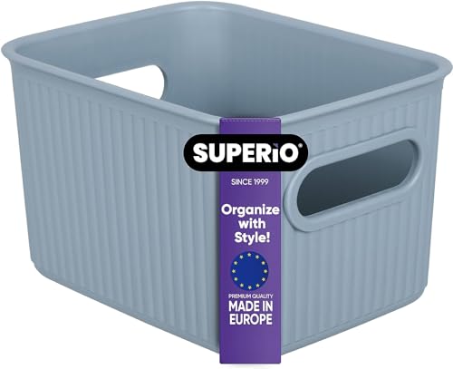 Image of Superio Ribbed Collection - Decorative Plastic Basket Open Home Storage Bins Organizer, Small Blue (1 Pack) Container Boxes for Organizing Closet Storage Bins for Shelves Drawer Shelf 1.5 Liter