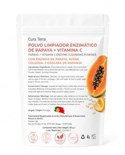 Papaya + Vitamina C - Polvere detergente enzimatico viso 50 g | Esfoliante naturale illuminante con enzimi di papaia, avena colloidale, caolino e buccia d'arancia | 100% naturale e vegano